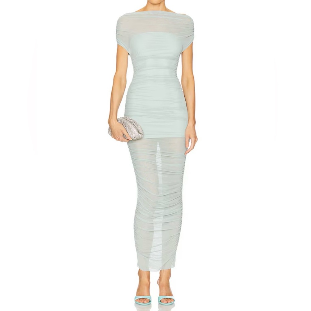 Seroya Noel Off Shoulder Mesh Midi Dress in Frosted Sea Women’s Size Small